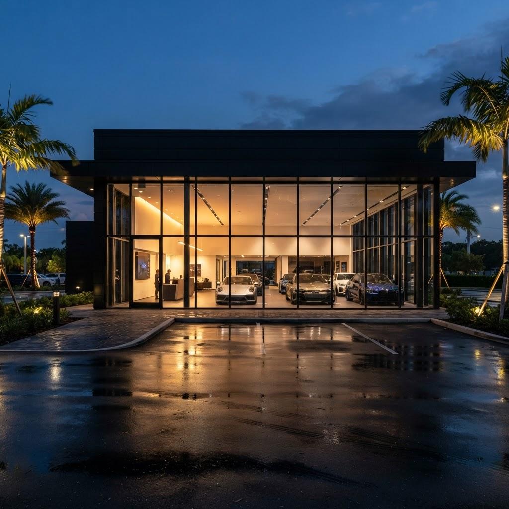 Exterior of the Soon Lee Auto showroom at dusk